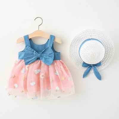 China Anti-wrinkle summer cute bow denim yarn skirt suit mesh skirt big girls dresses for sale