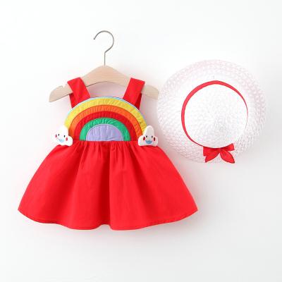 China Anti-wrinkle new summer design rainbow baby dresses 2 dresses + Straw Hat Sleeveless Baby Girl rainbow dresses for sale