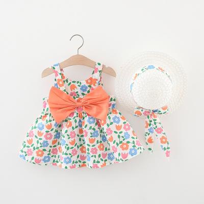 China Anti-Wrinkle Made in China Small Bow Flower Girls' Dresses Sleeveless Dress + Straw Hat for sale