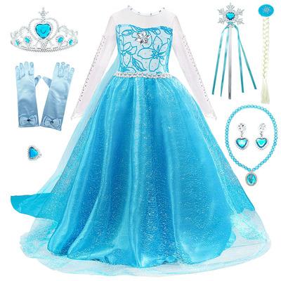 China Sweet Princess Frozon Princess Costume Long Sleeve Sequin Dress Girls Dress Includes Full Set Of Accessories For Halloween for sale