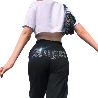 China Wholesale Custom Women Breathable Pants Workout Track Joggers High Waisted Pants Drawstring Word Rhinestone Pants 2021 for sale