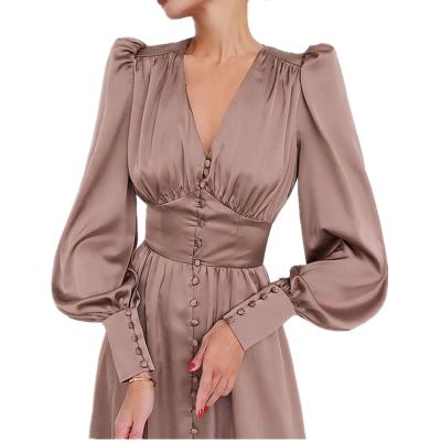 China Anti-Static Long Sleeve Dresses for Women V Neck Solid Color Autumn Satin Dress Women Ladies Feast Full Party Annual Gathering Dresses for sale