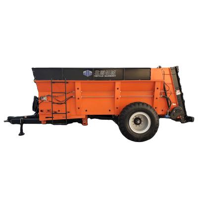 China High efficiency tractor trailed fertilizer spreader with twin vertical spiral and htdraulical apron governor guillotine pump for sale