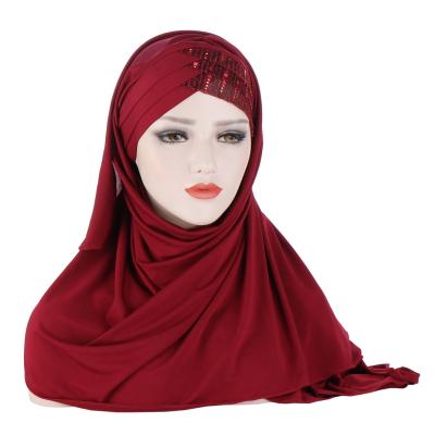 China Fashion/Casual/Comfort/Sequins Fashion High Stretch Muslim Milk Front Sequin Silk Turban Hat Malaysia Muslim Hijab Hat for sale