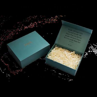 China Recycled Materials Logo Luxury Embossing Cardboard Gift Boxes With Magnet Flap And Shred Paper Fillers for sale