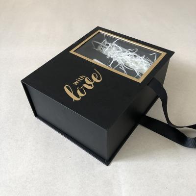 China Recycled Materials Black Book Shape Paper Gift Boxes With Window And Ribbon Closure for sale