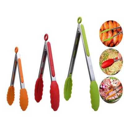 China New Viable Silicone Kitchen Cookware Salad BBQ Clips Stainless Steel Instrument Food Serving Tongs for sale