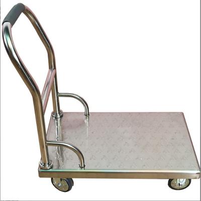 China Corrosion protection folding trolley supermarket warehouse flat goods pull cargo mute stainless steel flat car factory price sales for sale