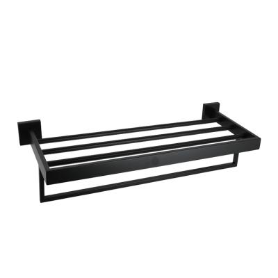 China Modern Matte Black Bathroom Accessories Stainless Steel In Square Wall Mounted Towel Rack Shelf With Towel Rack Hanger Hardware for sale