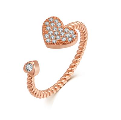 China Trendy Trendy Woman Ring Cubic Zirconia Rose Gold Plated 925 Sterling Silver Heart Shape Adjustable Ring for sale