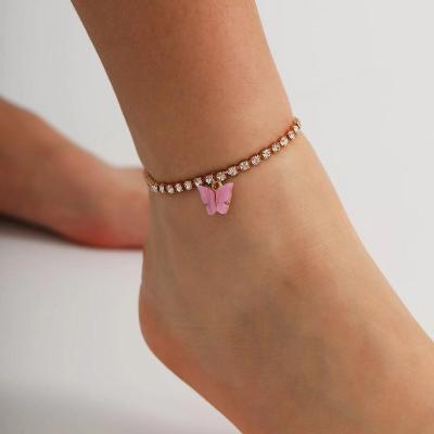 China Gold Plated Tennis Butterfly Anklet Crystal Brass Rhinestone Women Foot Jewelry Fashion Summer Anklet Chain for sale