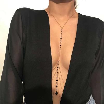 China Hot Selling Lead Free Nickel Free Sexy Gold Plated Women Body Chain Eco-friendly Brass Black Glass Body Chains Necklace Wholesale for sale