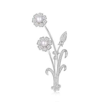 China Hot Sale 925 Silver Rhodium Plated Silver Pearl 925 Zircon Flower Brooches Women Jewelry Vendors for sale