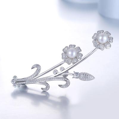 China Wholesale High Quality 925 Silver For Women Jewelry Zircon Pearl Flower Fashion Luxury Crystal Pin 925 Sterling Silver Pin for sale