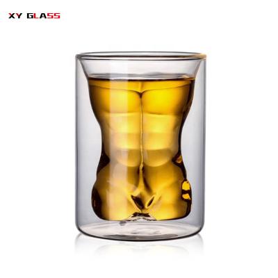 China Wall Mount Durable Unique Classic Double Hand Man Shape Glass Liquor Blown Coffee Mug for sale