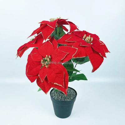 China Red Glitter Mesh Artificial Poinsettia Flower Stems Eco-Friendly Metallic Christmas Tree Ornaments In Box For Red Christmas Tree Braid Garl for sale