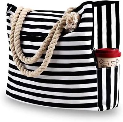 China Custom Printed Waterproof Stripe Cotton Canvas Beach Bag With Grommet Rope Handle for sale