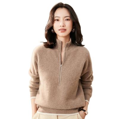 China Anti-wrinkle 2021 autumn and winter cashmere zipper sweater new ladies loose thick sweater half wool knit sweater Europe and Americ for sale