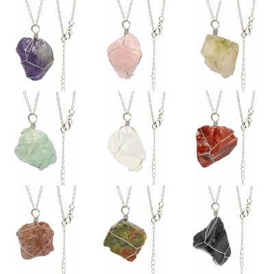 China FASHIONABLE Handmade Wrapped Irregular Crystal Natural Stone Gold Chain Necklace Pendant for sale