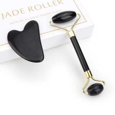 China Heart Shaped Stone Facial Massage Guasha Set Black Obsidian Jade Roller Guasha Massage Waist Set for sale