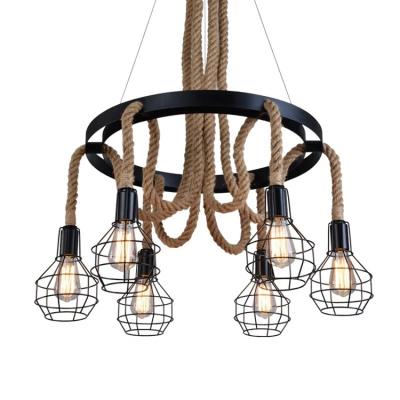 China Modern Direct Rope Iron Hemp Cage Lights Retro Factory Chandelier for sale