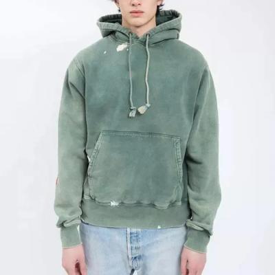 China Anti-wrinkle Mens Cotton Oversized Vintage Stone Acid Wash Hoodies Custom Logo Green Distressed Hoodie for sale