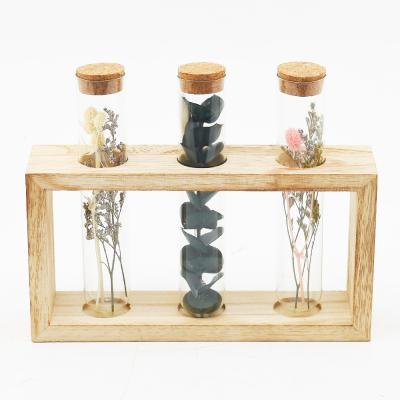 China Office Living Room Table Pendulum Decoration Eco-friendly Wooden Frame Three Glass Test Tubes Dried Flowers for sale