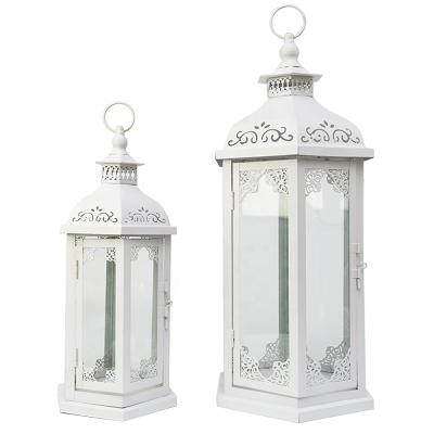 China Moroccan Metal Lantern Wedding Home White Candle Decoration Garden Decoration Lantern 2 Set for sale