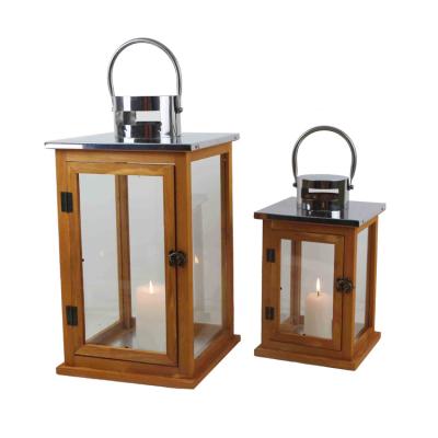 China Home Decoration Wooden Style Antique Classic Lantern with Stainless Steel Top and Handle for Home Decor for sale