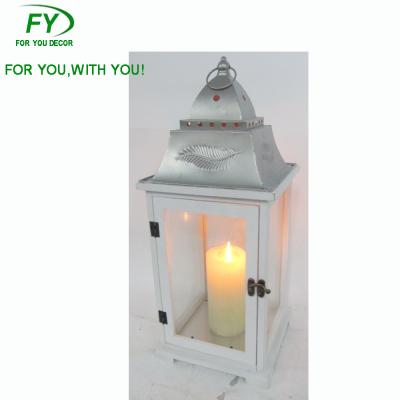 China Home Decoration ML-1319-48 Antique Finish White Wooden Lantern With Four Sides Metal Top And Glass for sale