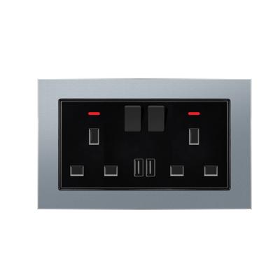 China Residential/General Purpose UK Standard Double 3 Pin Wall Socket With Switch Aluminum Alloy Panel With Electrical USB Sockets And Switches With LED Light for sale