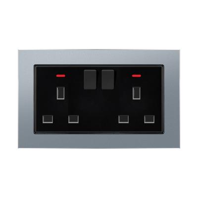 China UK Commercial Type 146 Residential/General Purpose Dual 3 Pin Wall Outlet With Electrical Switch Aluminum Alloy Panel Sockets And Switches With LED Light for sale