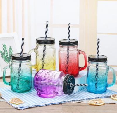 China Modern Gradient Mason Cup Drink Cups Straw with Colorful Handle Mug for sale