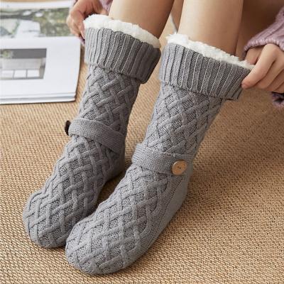 China Wholesale Soft And Skin-Friendly Knit Fleece Comfortable Fuzzy Winter Women Christmas Warm Floor Acrylic Slipper Socks Floor Socks With Button for sale