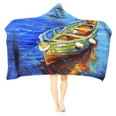 China New Design Anti-wrinkle Boat Printing Bedroom TV Office Fleece Scratching Wearable Warm Throw Hooded Blankets for sale