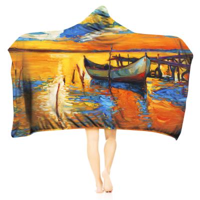 China Warm Comfortable Anti-wrinkle Custom Oil Painting Printing Fleece Coral Winter Hooded Cover Towel For Kids Children Adults for sale