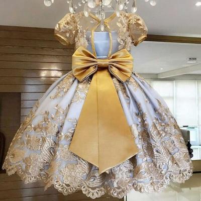 China Breathable Girls Dresses Designs Short Sleeve Kids Ball Gowns Lace Up Applique Kids Clothes Little Girl Birthday Dress for sale