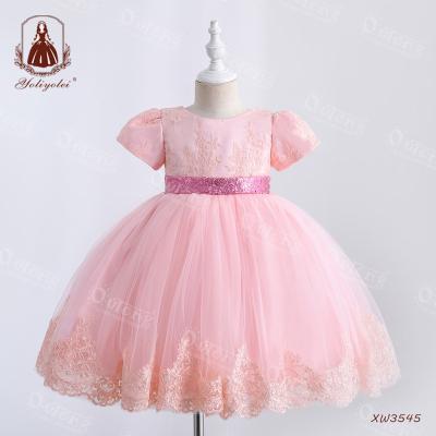 China Outong Vestidos De Encaje Pink High Placed Bridesmaids Kids Wedding Party Regular Dress Girl Bridesmaids Dresses Summer 2-12 for sale