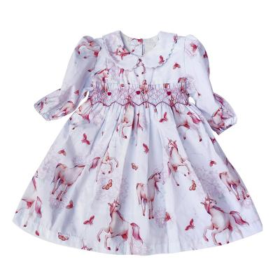 China Elegant Breathable Casual Boutique Kid Floral Smocked Dress With Horse Pattern For Toddler Girl 1-3 Years Old for sale