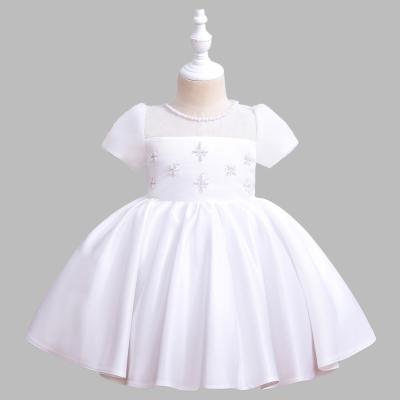 China Breathable Cloth Fashion Kids Short Sleeve Beading Pure White Prom Vestidos De Nia For 2-5Y Toddler Plaid Stain Girls Dresses for sale