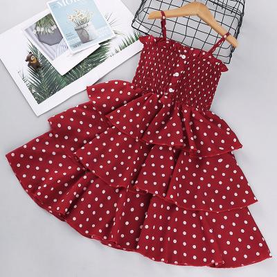 China 3-8Years Strap Summer Breathable Polka Dot Elastic Top Layered Cake Kids Maxi Dresses Casual Cotton Girls Holiday Dress With Button for sale