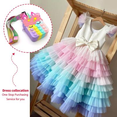 China New Kids Unicorn Clothes Rainbow Layered Cake Design Prom Skirt Cake Design Washable Party Show Fluffy Bow Girl Dress for sale