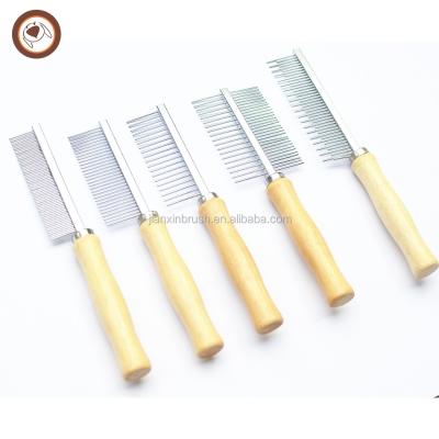 China Wholesale Sustainable Pet Comb Stabilized Feeds Wooden Handle Both Sides of Stainless Steel Comb for sale