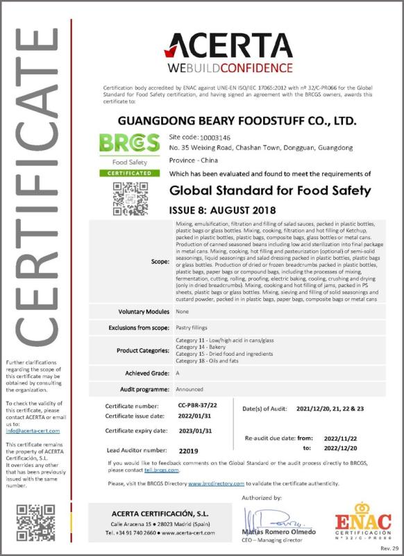 BRC - Guangdong Beary Foodstuff Co., Ltd.