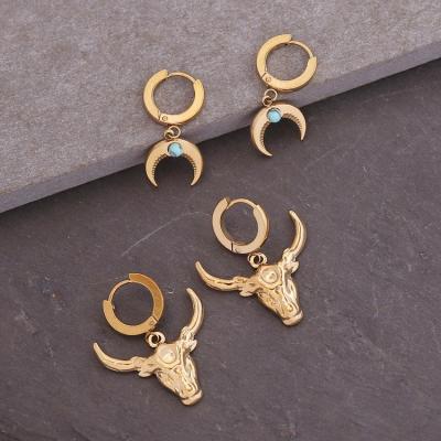 China 2021 New Fashion Qufan Jewelry Dangle Earring Rhinestone Small Ox Trendy Animal Head Stud Earrings For Women for sale