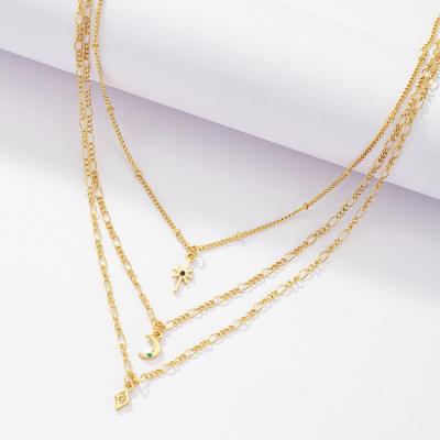 China FASHIONABLE Qufan Stars and Moon Metal Bar Long Pendant Three Layers Necklace for sale