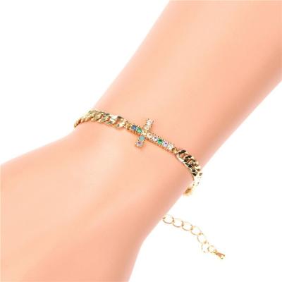 China Miami Ethnic Cuban Cross Chain Copper Qufan Micro Zircon Women Gold Inlaid Bracelet for sale