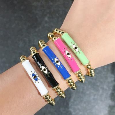 China Nickel Free Lead Free Qufan Stackable Gold Ball Beaded Chain Bracelet Multi Colored Enamel Turkish Devil Eye Bracelet For Women for sale