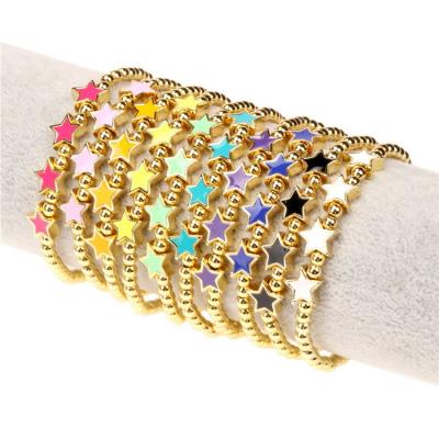 China FASHIONABLE Qufan Handmade Gold Plated Bead Bracelet CZ Copper Beaded Star Heart Charms Elastic Rope Bracelets For Women for sale