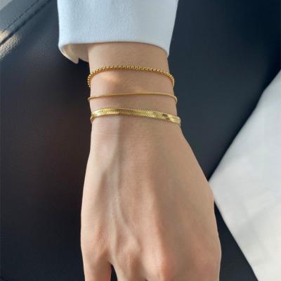 China Qufan CLASSIC Daily Flat Snake Chain Stacking Bracelet For Women Gold Plated Stainless Steel Snake Chain Bone Thin Square Chain Bracelet for sale